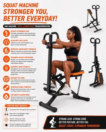Infographic titled Squat Machine: Stronger You, Better Everyday. A woman uses the machine beside eight benefits: stronger legs, glutes, lower-body strength, muscle definition, joint stability, core, bone strength and calorie burn, plus tips for the best results
