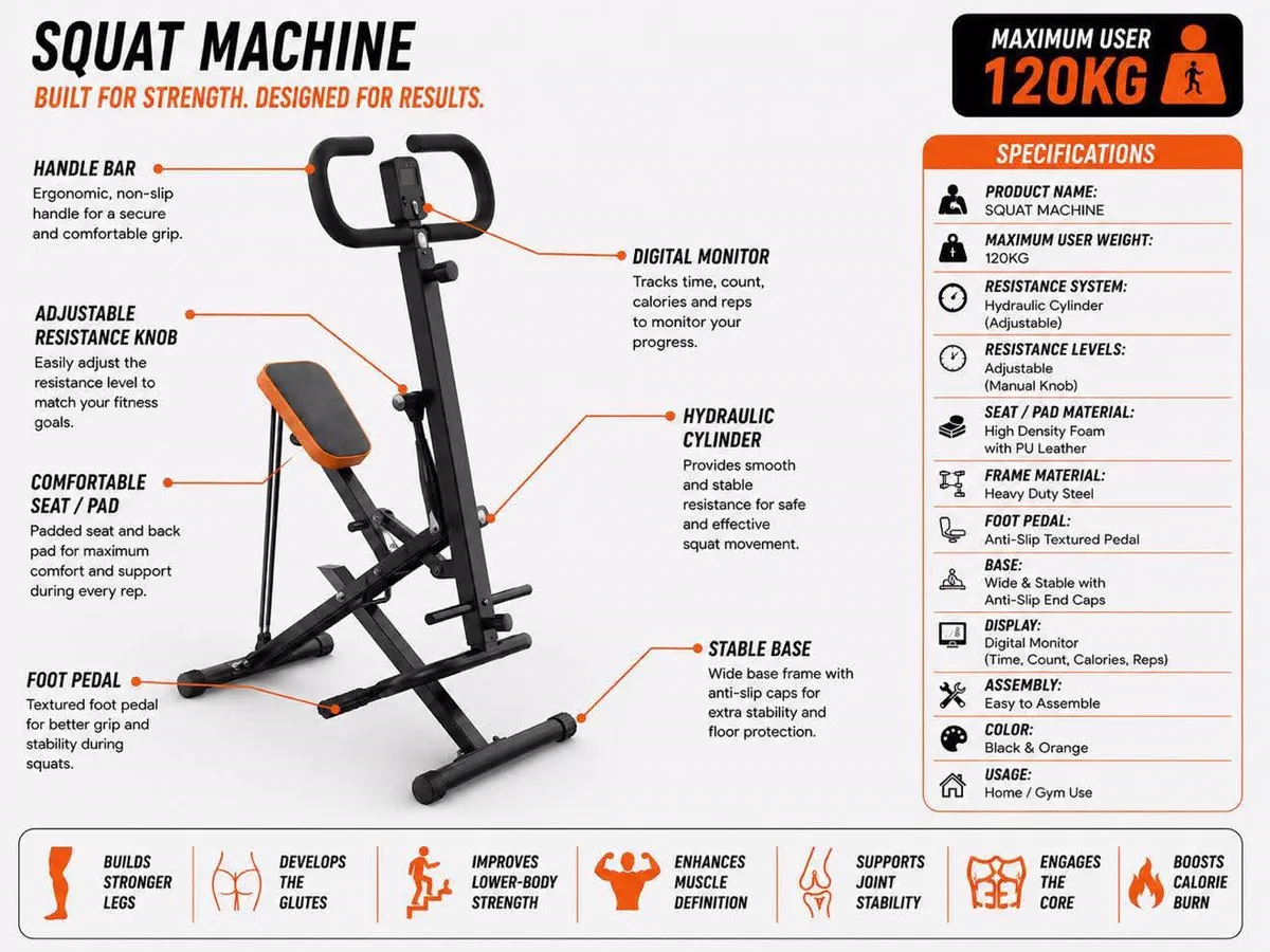 Squat Machine specifications chart: labelled parts (handle bar, digital monitor, adjustable resistance knob, hydraulic cylinder, comfortable seat, foot pedal, stable base), a maximum user weight badge, a specifications table and seven key benefits