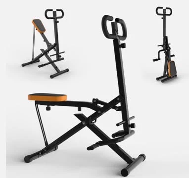 Three angles of the Sage Squat Machine: the main view with padded seat and handlebar, a side view, and a narrow folded-up view for storage