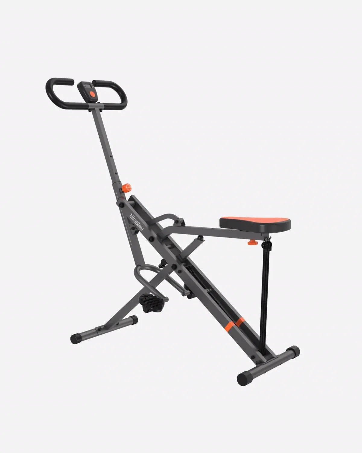 Sage Squat Machine on a plain background: grey steel frame, orange padded seat, U-shaped handlebar with LCD monitor, foot pedal and stable base